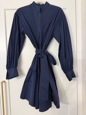 Classic Ralph Lauren Navy Long-Sleeve Tie-Waist Shirt Dress